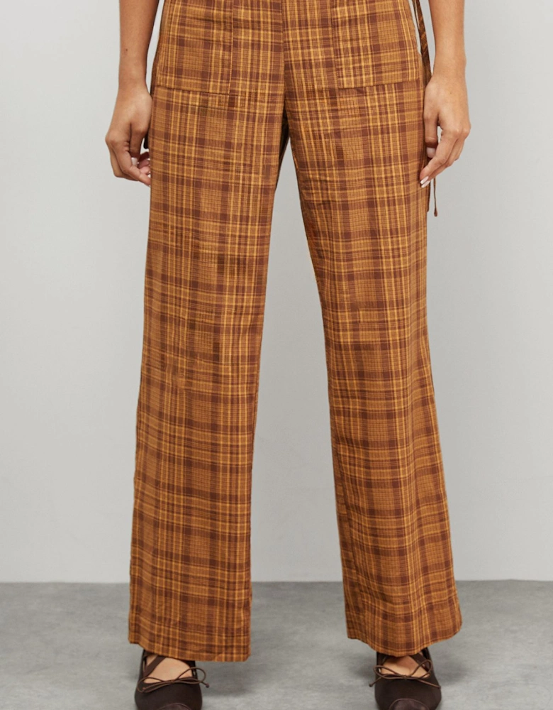 Mustard Check Mid Rise Tie Side Pocket Trouser