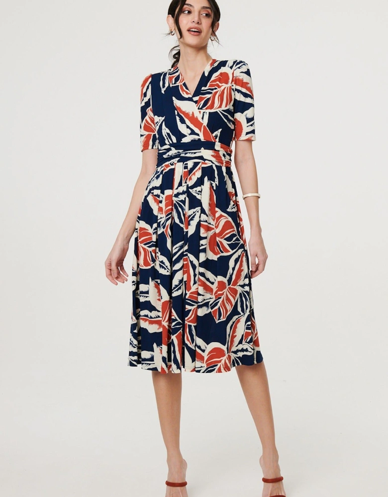 Floral V-Neck Pleated Midi Wrap Dress