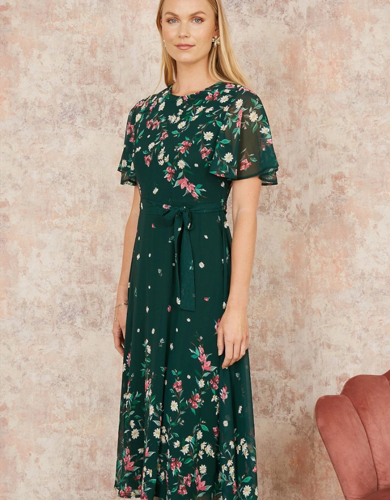 Green Daisy Mirror Placement Skater Dress With Angel Sleeves