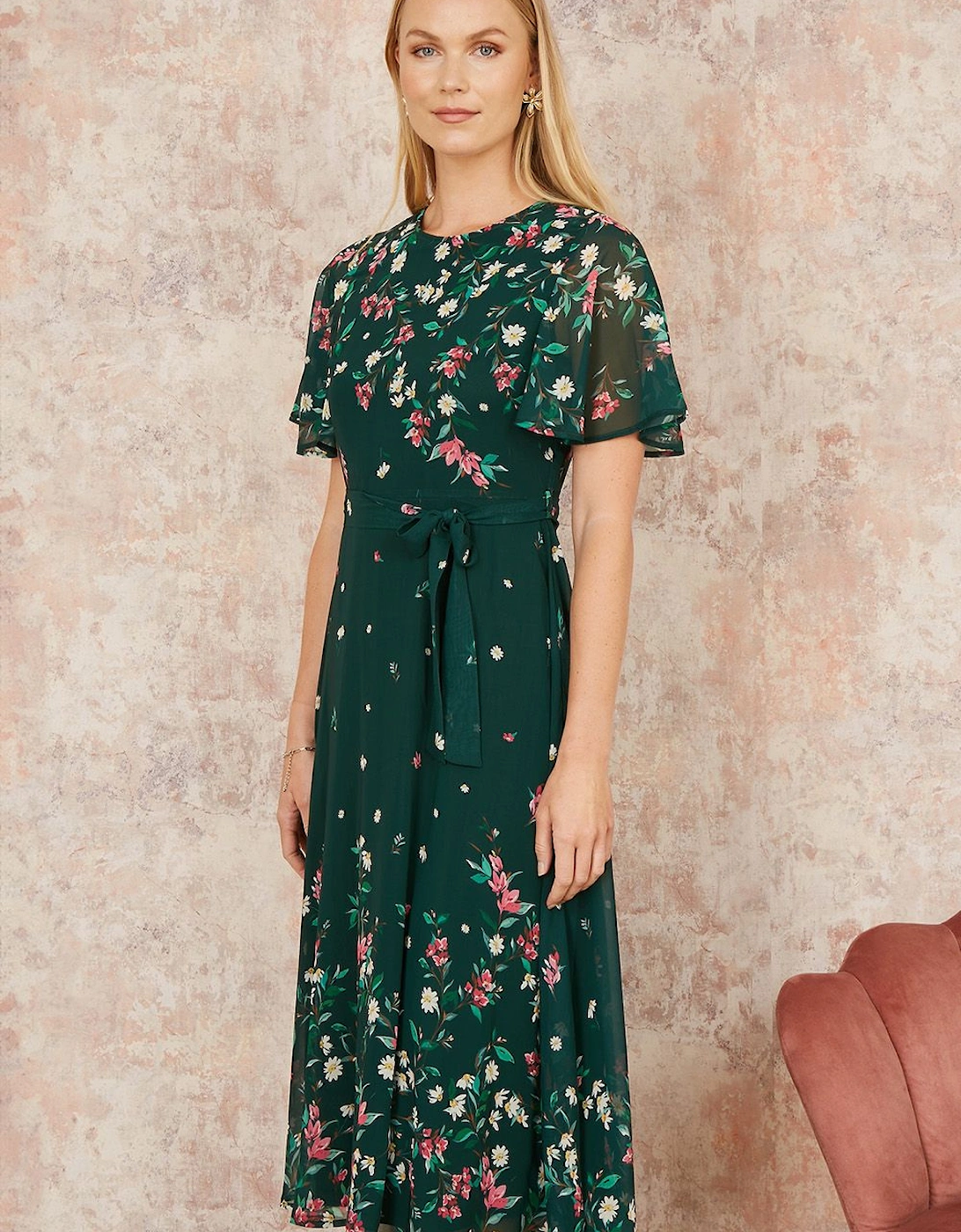 Green Daisy Mirror Placement Skater Dress With Angel Sleeves, 2 of 1