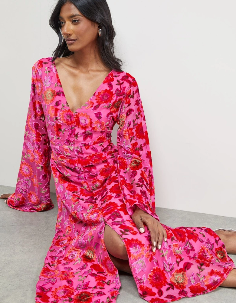 Devore Plunge Neck Waisted Midi Dress