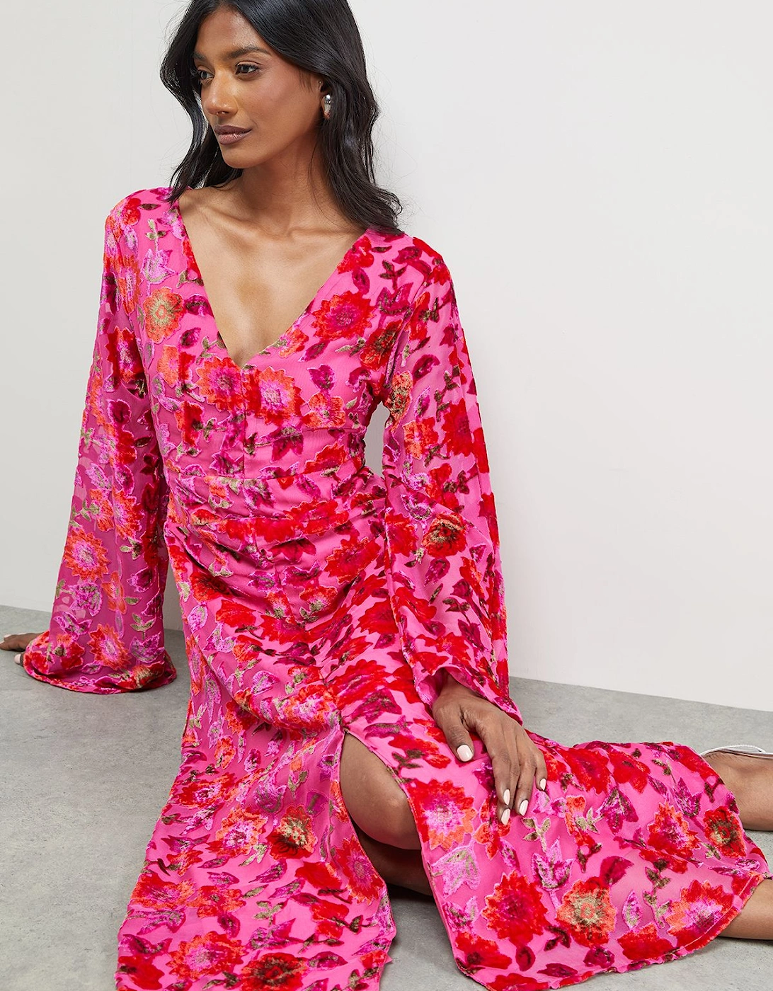 Devore Plunge Neck Waisted Midi Dress, 2 of 1
