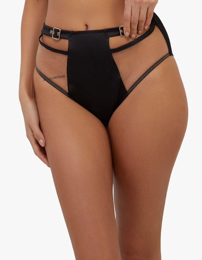 Alessia Black Satin & Illusion Mesh Buckled Highwaist Brief