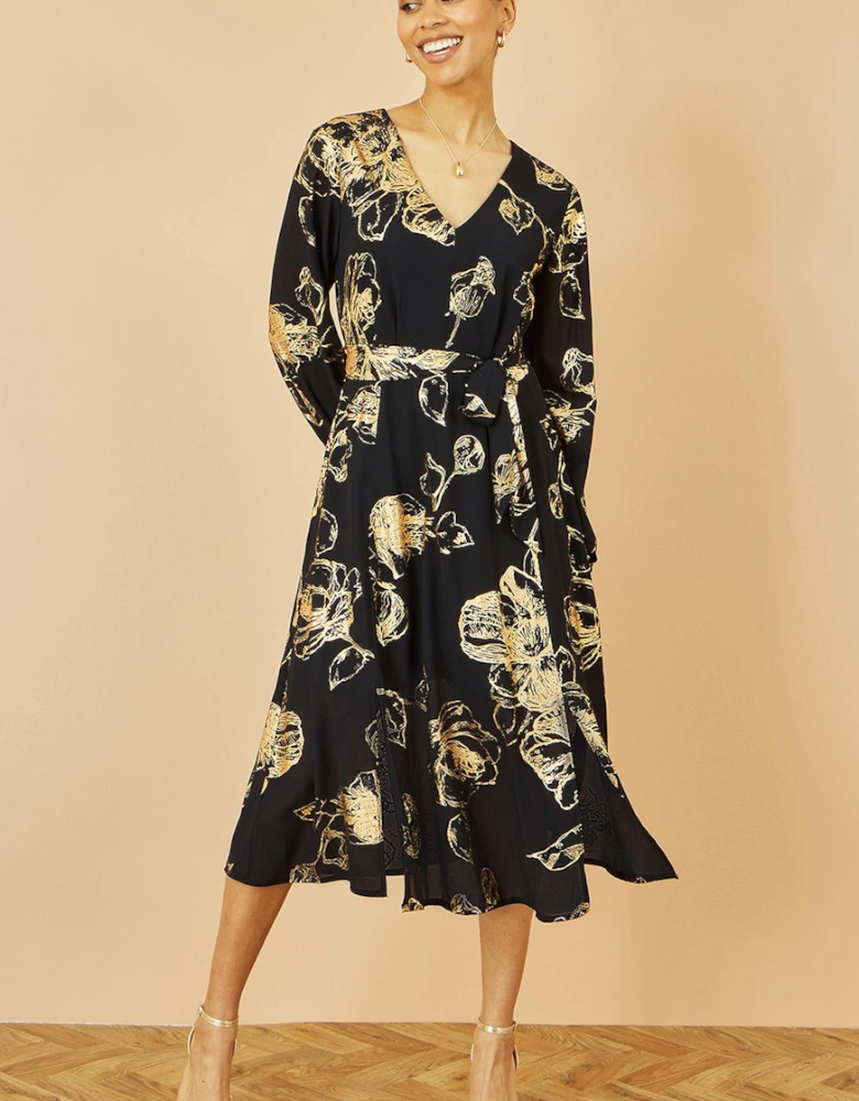 Black Foil Rose Print Midi Dress