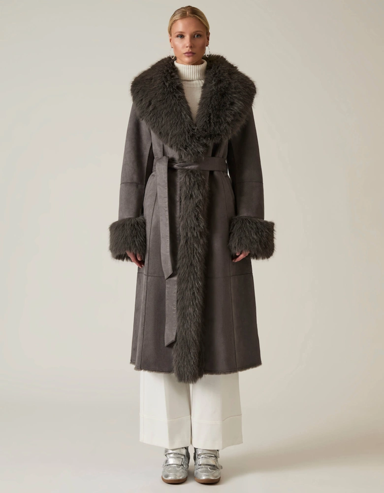 Grey Faux Fur Trim Coat