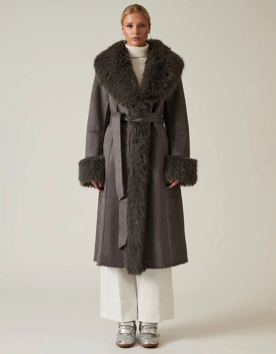 Grey Faux Fur Trim Coat