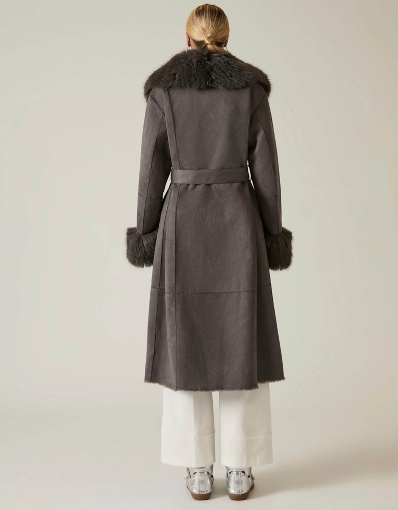 Grey Faux Fur Trim Coat