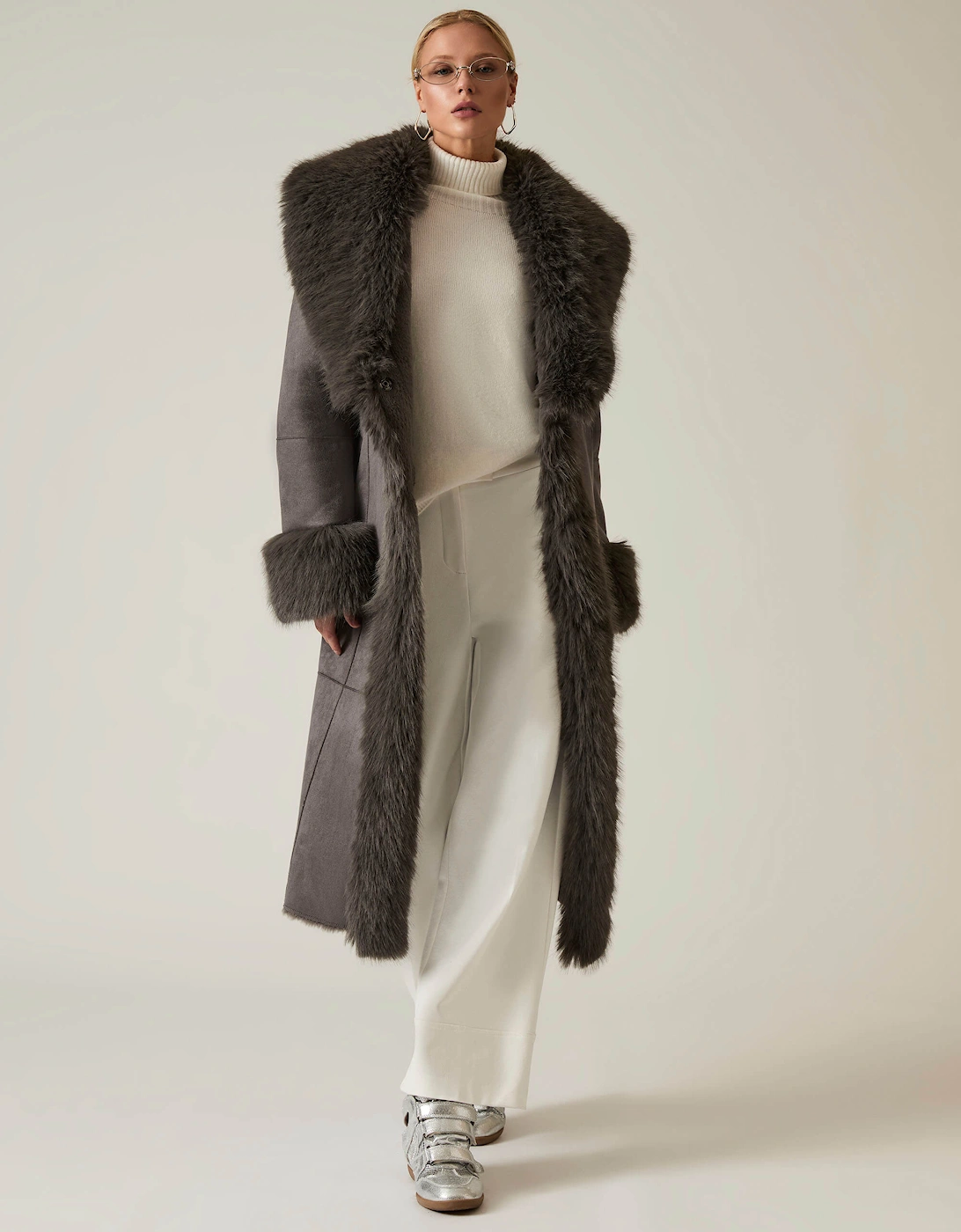 Grey Faux Fur Trim Coat