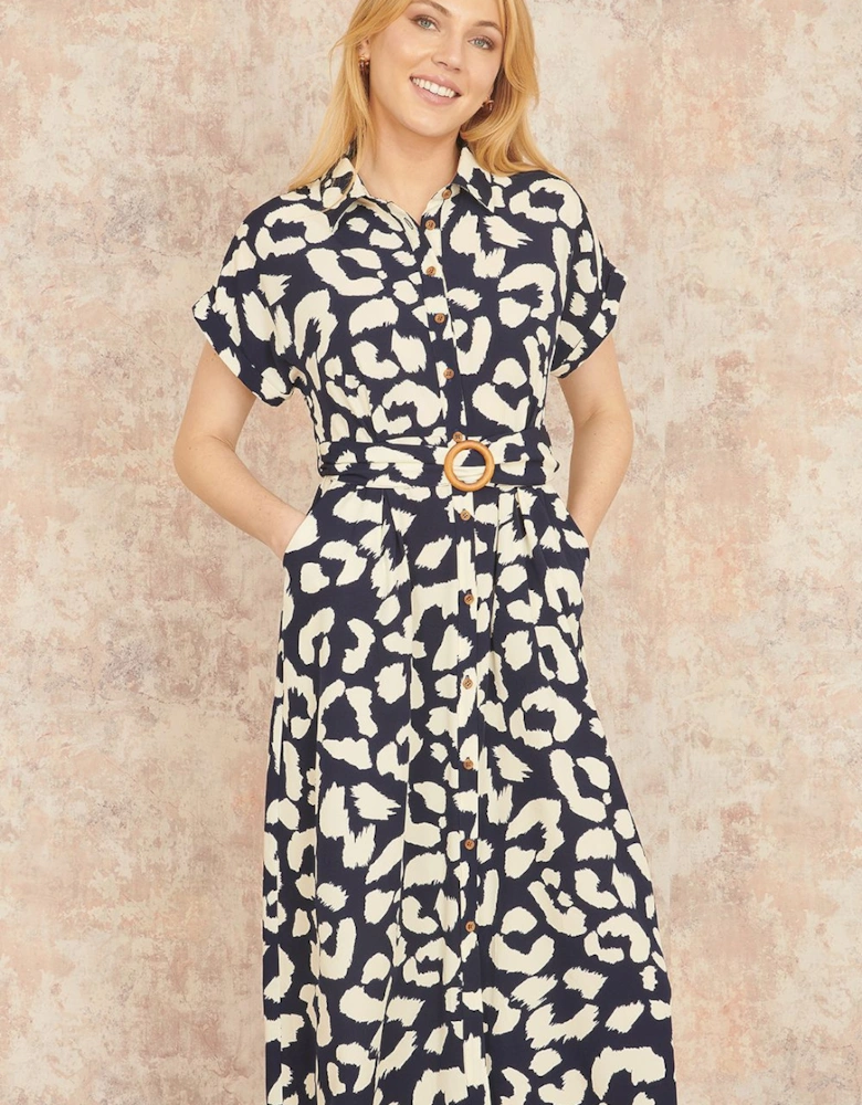 Navy Abstract Animal Print Relaxed Midi Shirt Dress With Belt