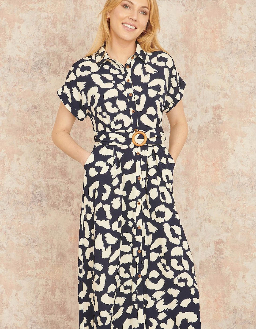 Navy Abstract Animal Print Relaxed Midi Shirt Dress With Belt, 2 of 1
