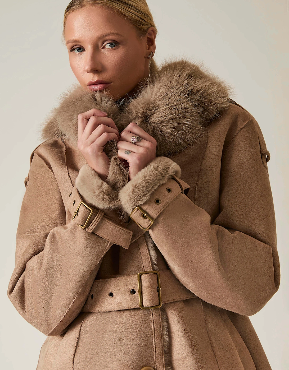 James Lakeland Women's Short Faux Fur Taupe Coat - Brown - Size: 16