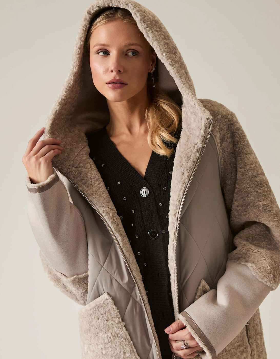 Grey Reversible Faux Fur Hooded Coat