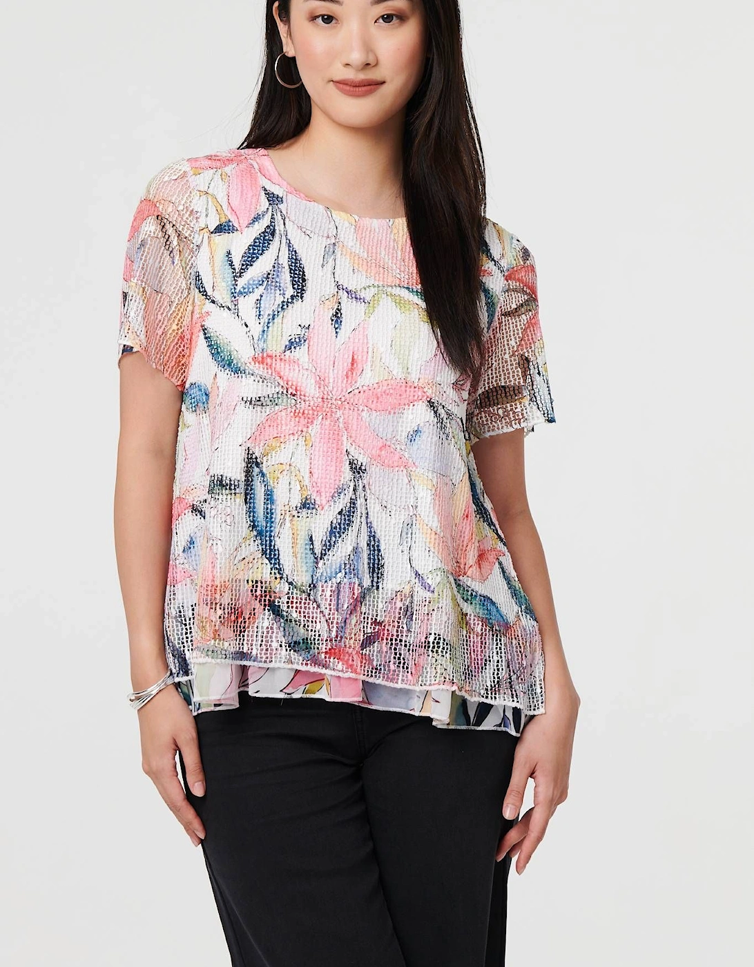 Floral Short Sleeve Mesh Layered Top, 2 of 1