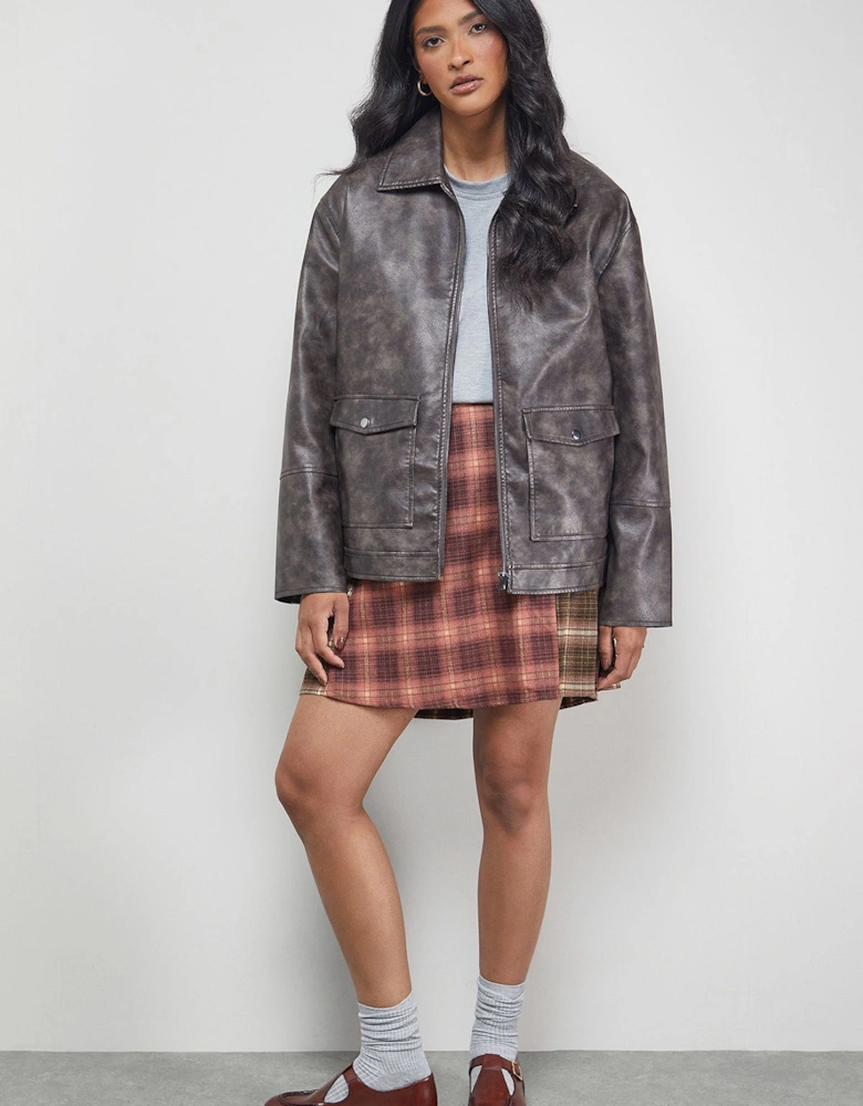 Mixed Check Buckle Side Pleat Awkward Length Skirt