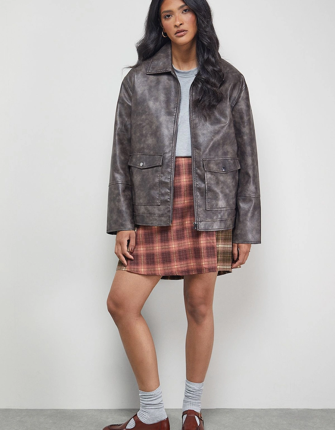 Mixed Check Buckle Side Pleat Awkward Length Skirt, 2 of 1