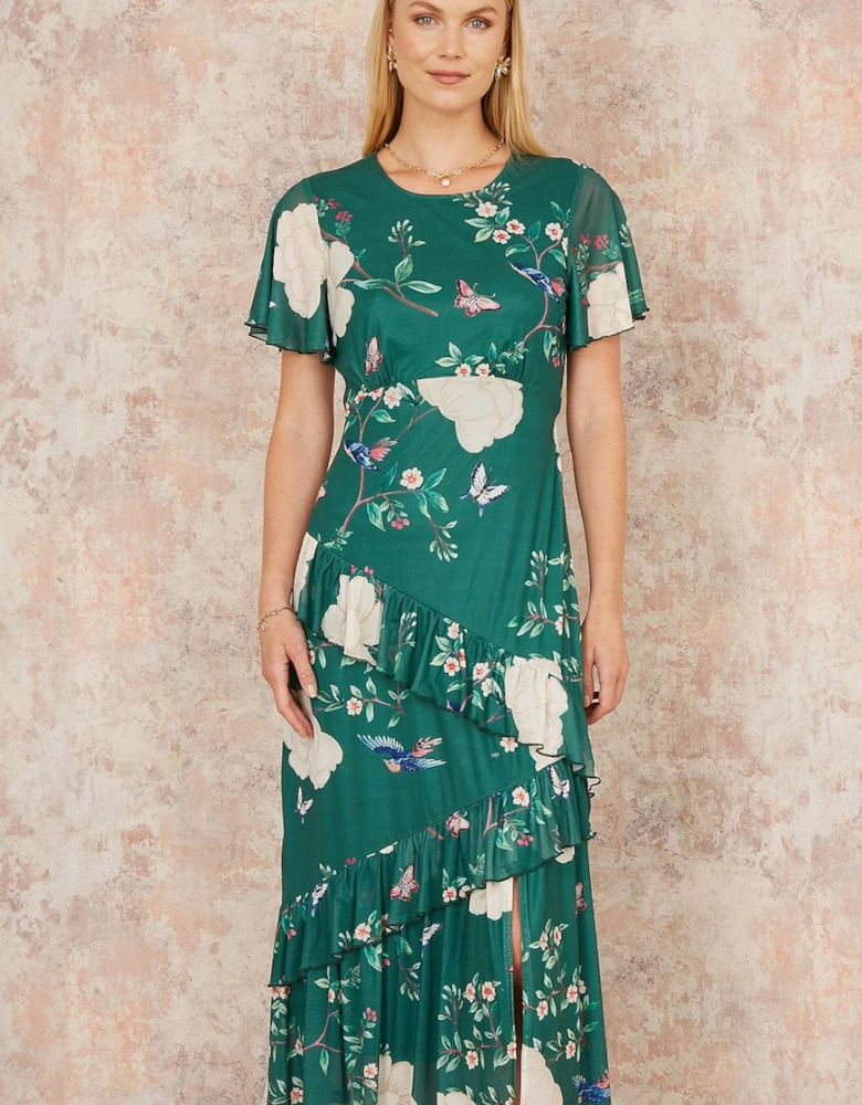 Green Mesh Bird And Floral Print Midi Dress With Ruffles