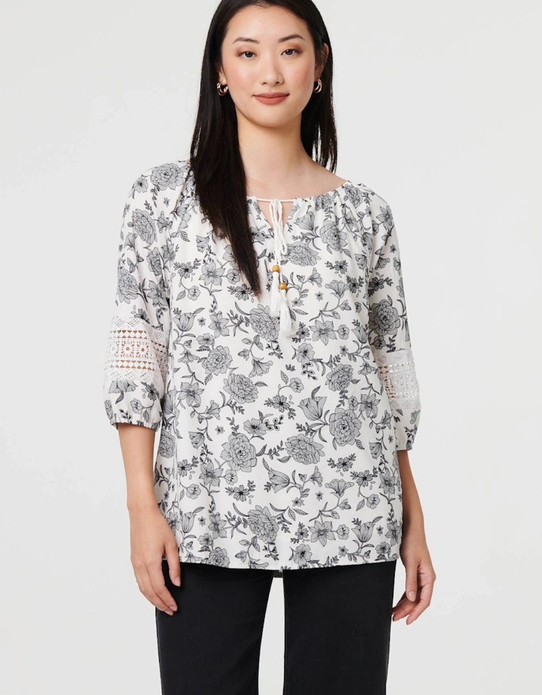 Floral Lace Trim Tie Neck Bardot Blouse