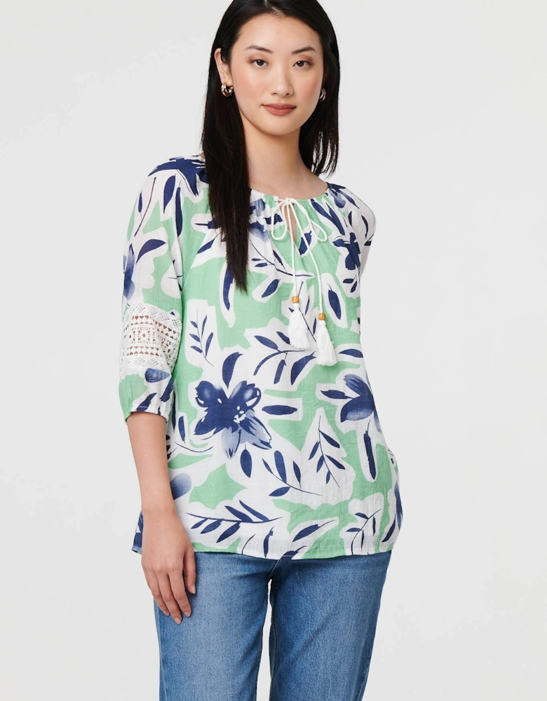 Leaf Print Lace Trim Bardot Blouse