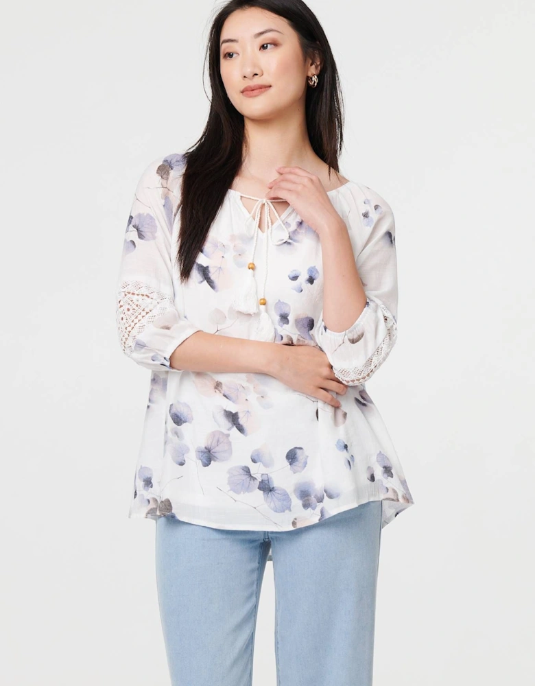 Printed Lace Trim Tie Neck Bardot Blouse