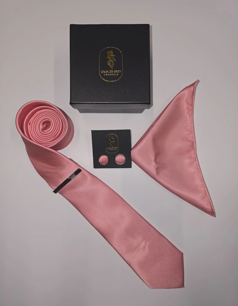 Tie, Pocket Square, Cuff Link & Tie Clip Set - Pink