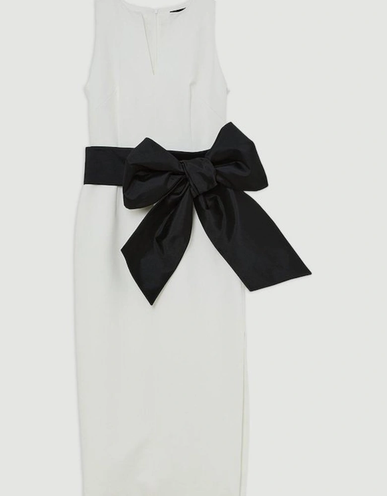 Clean Tailored Taffeta Contrast Bow Tie Waist Midi Dress