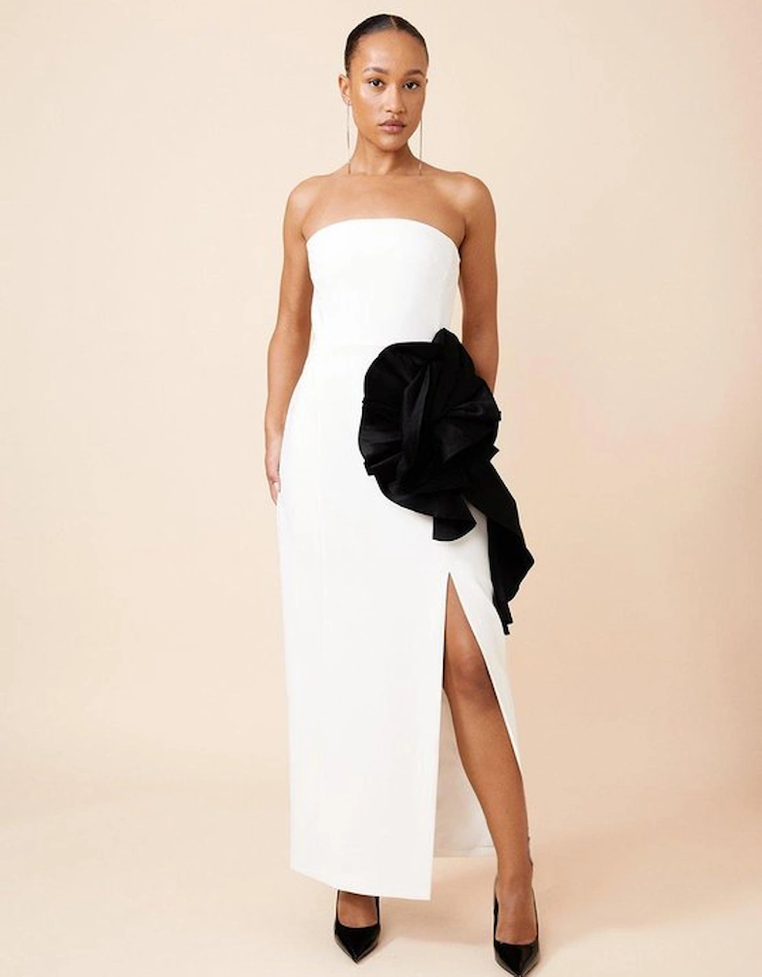 Compact Stretch Taffeta Rosette Midi Dress