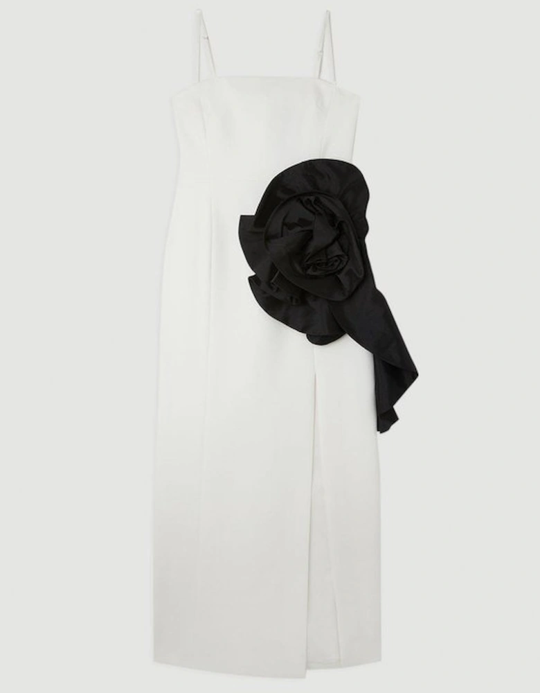Compact Stretch Taffeta Rosette Midi Dress