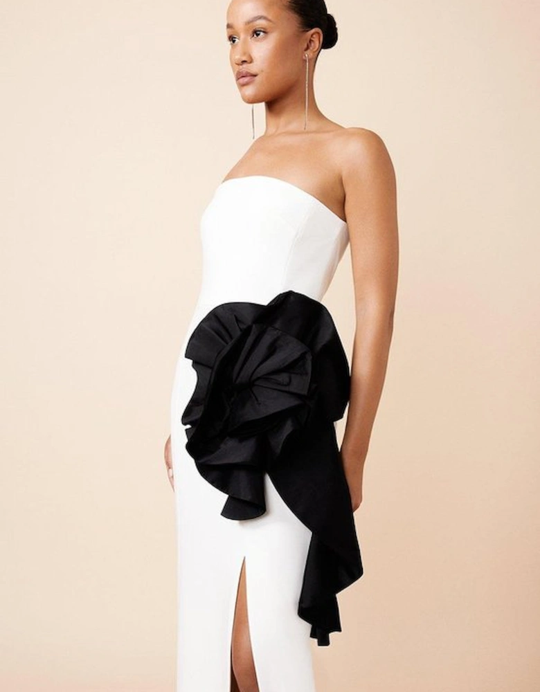 Compact Stretch Taffeta Rosette Midi Dress