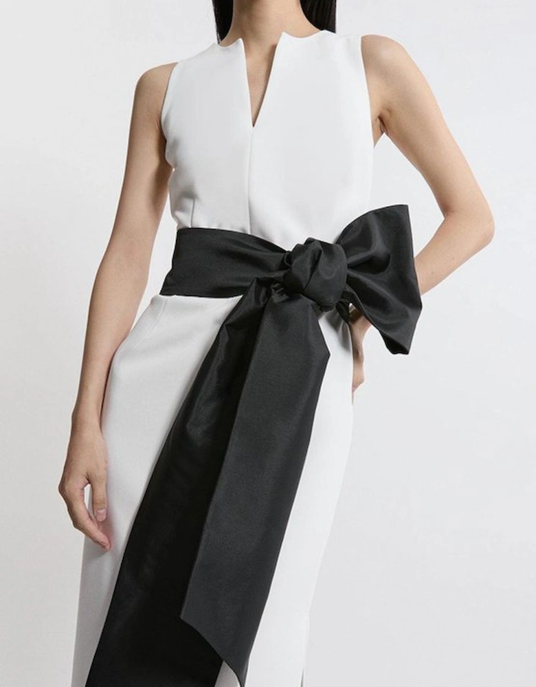 Clean Tailored Taffeta Contrast Bow Tie Waist Midi Dress