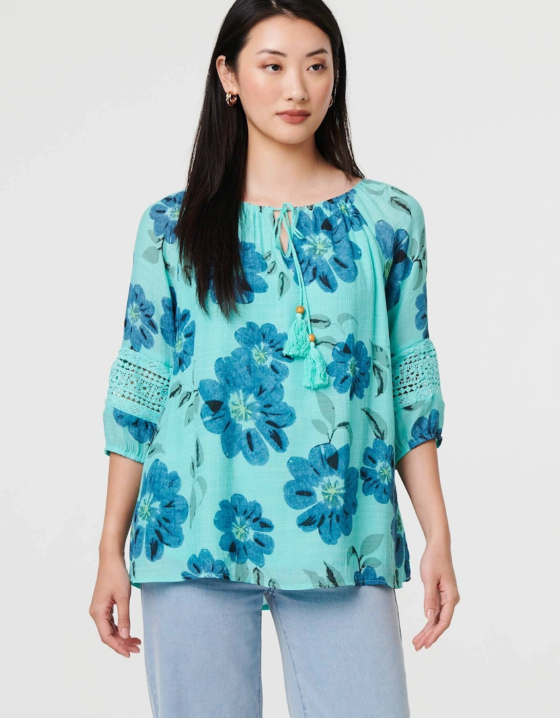 Floral Lace Trim Tie Front Bardot Blouse, 2 of 1