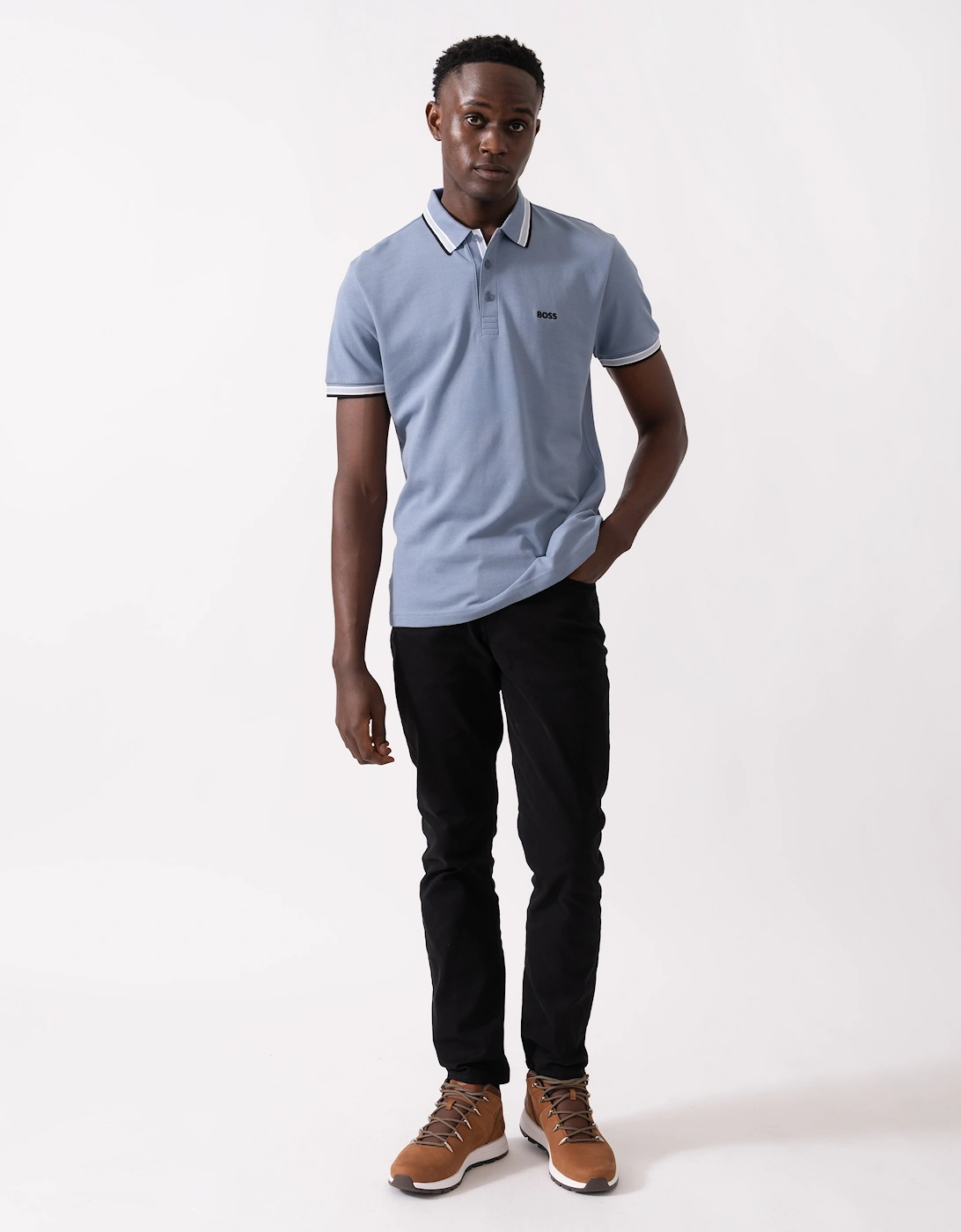 BOSS Green Paddy Mens Cotton-Piqué Polo Shirt with Contrast Logo - Open Blue 490