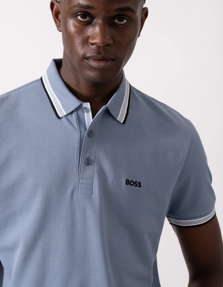 BOSS Green Paddy Mens Cotton-Piqué Polo Shirt with Contrast Logo - Open Blue 490