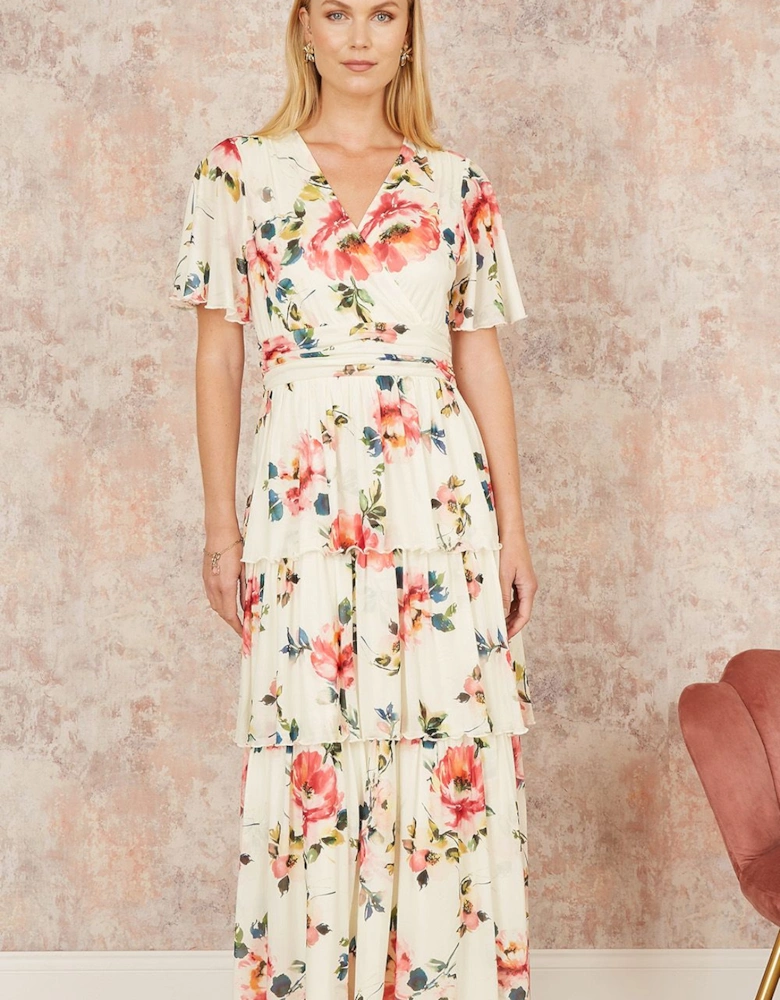 Ivory Floral Mesh Tiered Maxi Dress