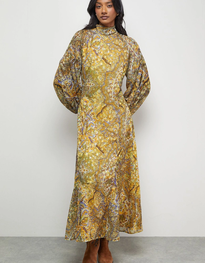 Paisley Burnout Spot High Neck Godet Midi Dress