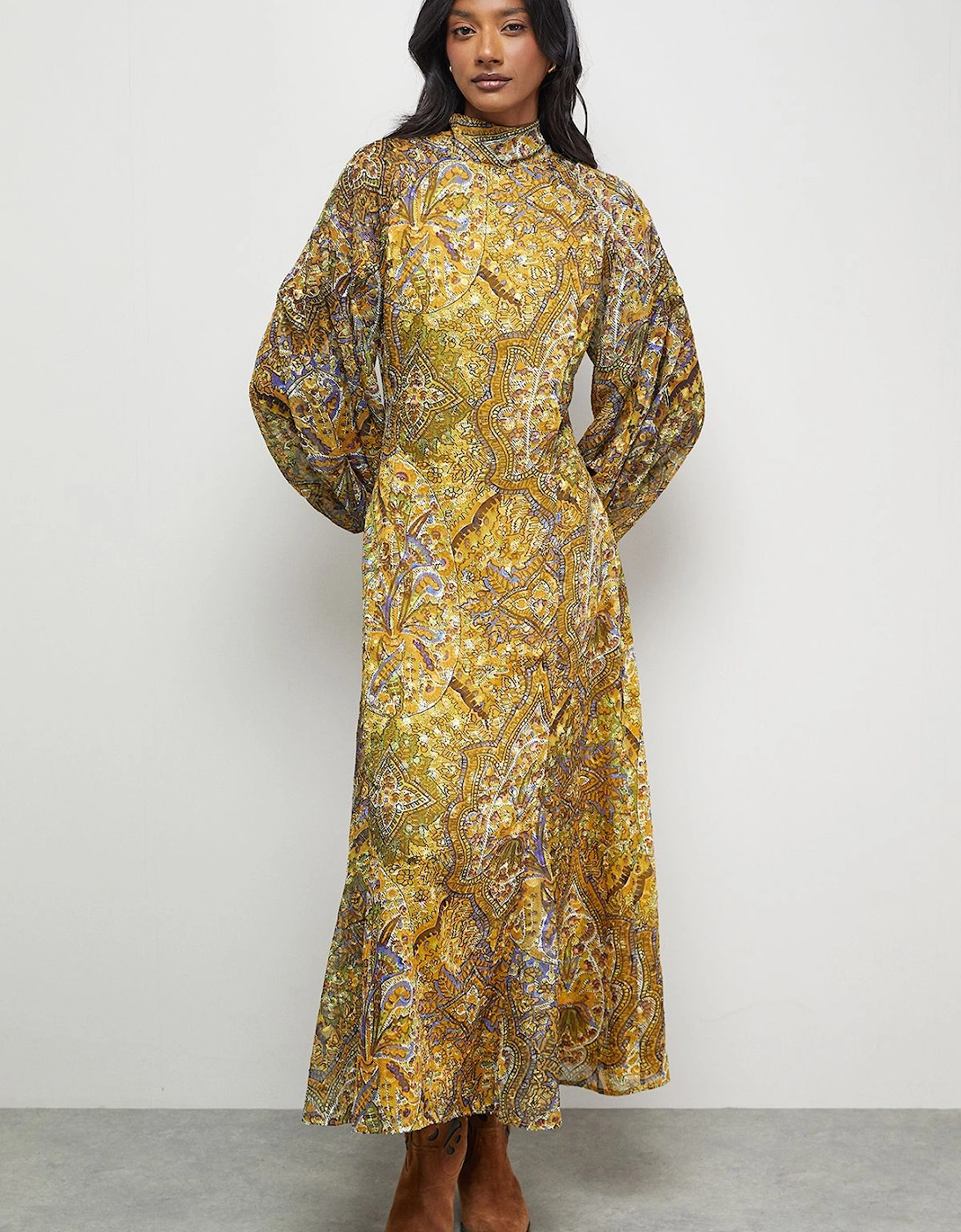 Paisley Burnout Spot High Neck Godet Midi Dress, 2 of 1