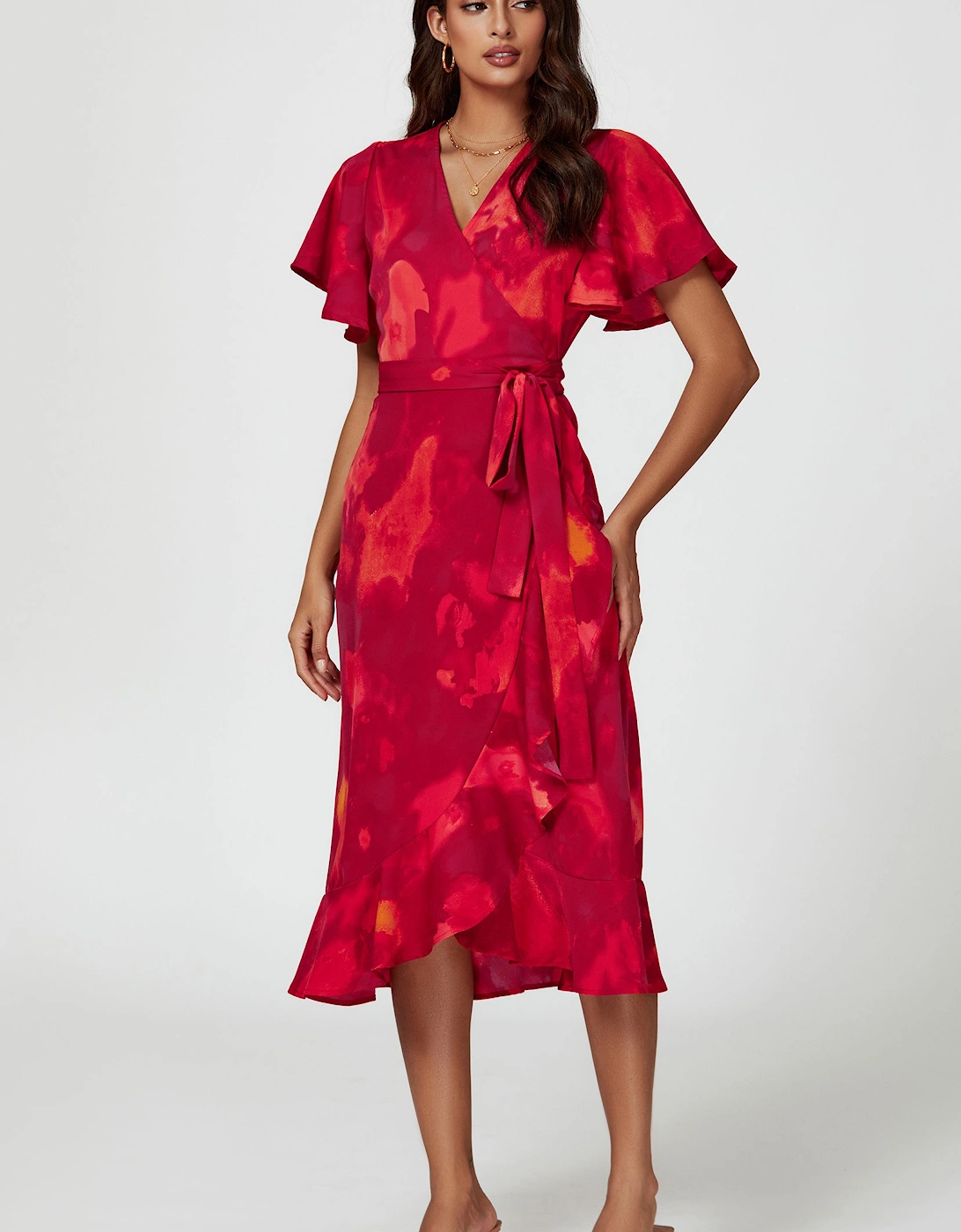 Abstract Print Angel Sleeve Wrap Midi Dress In Red, 2 of 1