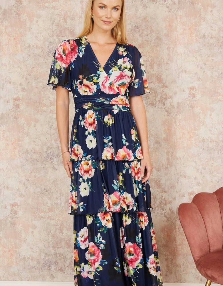 Navy Floral Mesh Tiered Maxi Dress