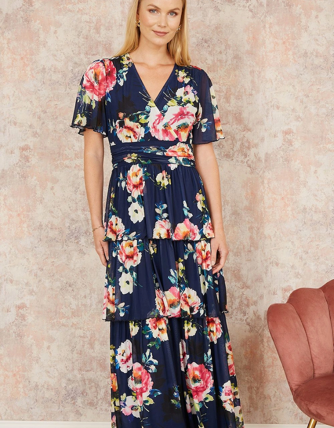 Navy Floral Mesh Tiered Maxi Dress, 2 of 1