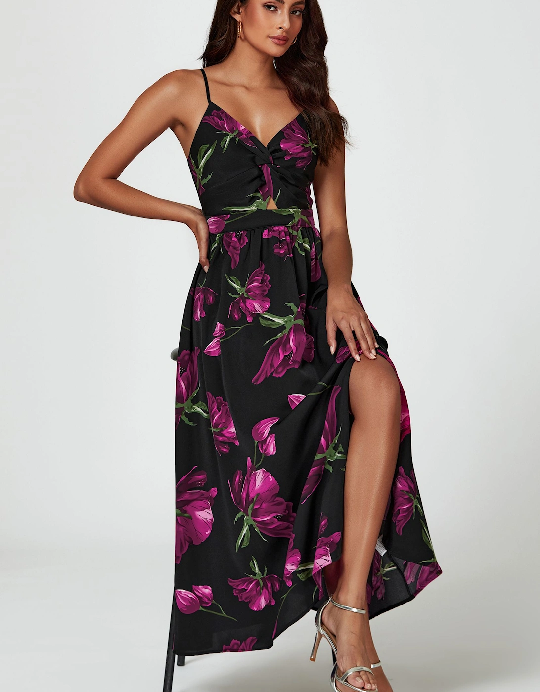 Floral Print Maxi Dress In Black, 2 of 1