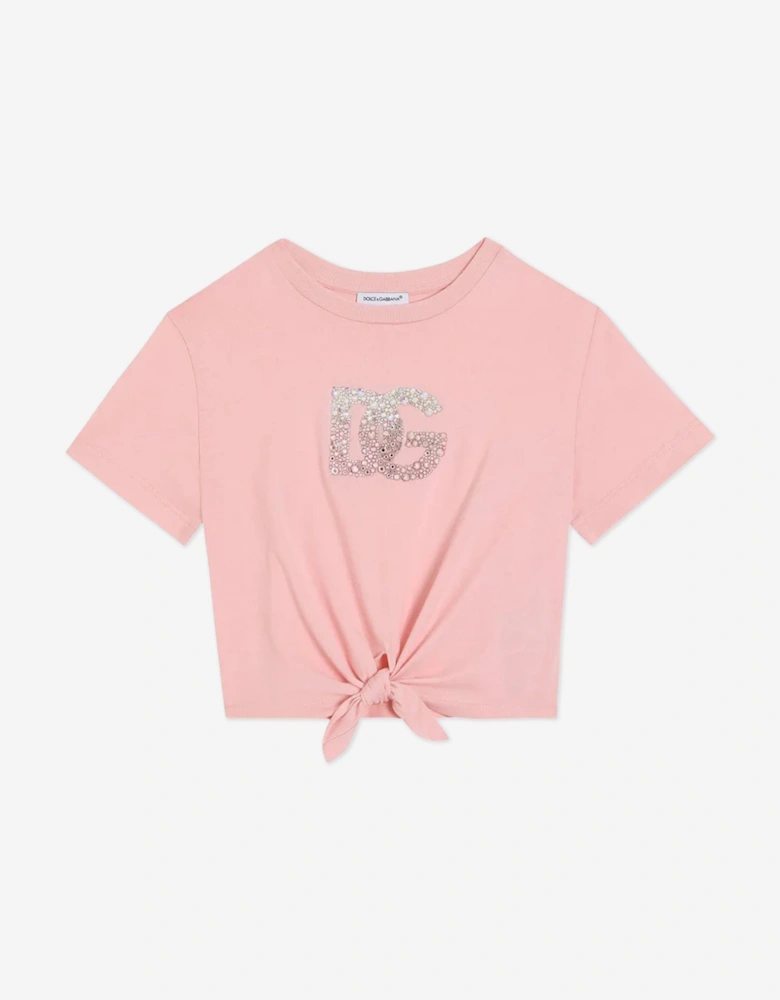 Girls Diamante Logo Tie Front T-Shirt in Pink