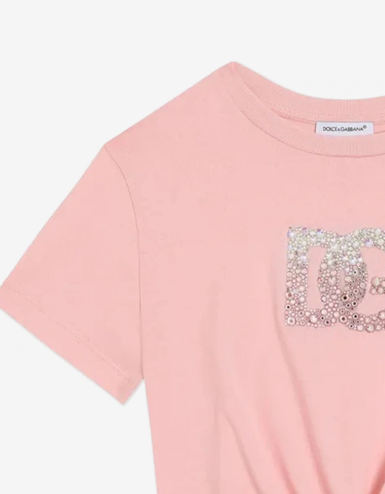 Girls Diamante Logo Tie Front T-Shirt in Pink