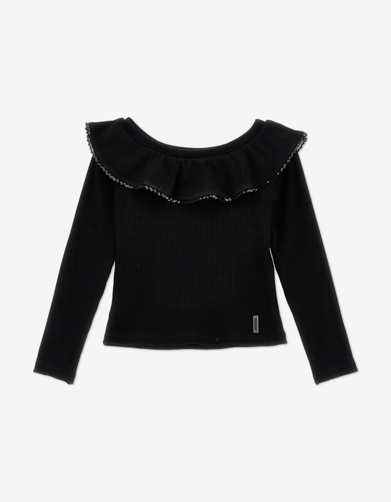 Girls Knitted Ruffle Collar Top in Black