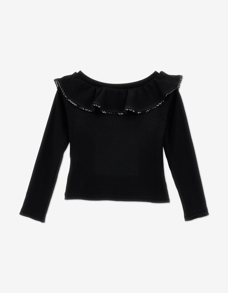 Girls Knitted Ruffle Collar Top in Black