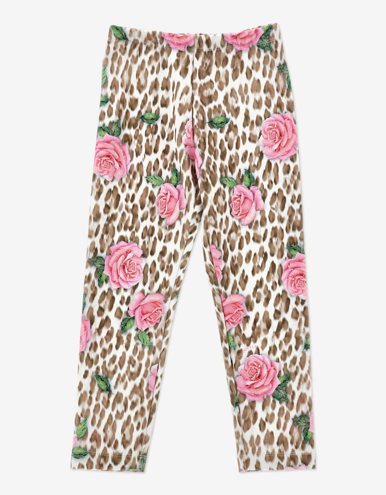 Girls Leopard and Rose Print Leggings in Multicolour