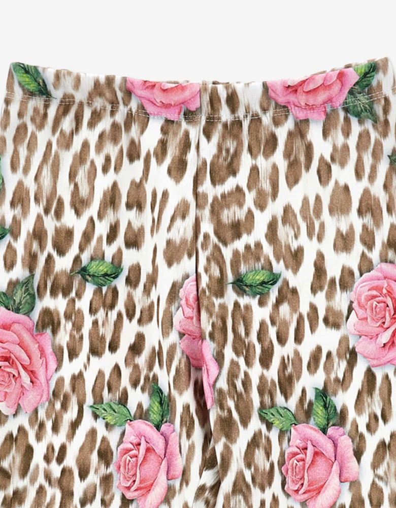 Girls Leopard and Rose Print Leggings in Multicolour