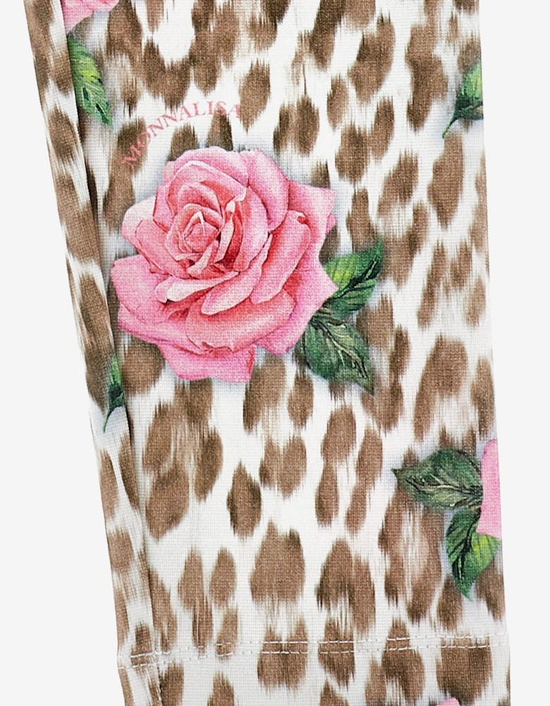 Girls Leopard and Rose Print Leggings in Multicolour
