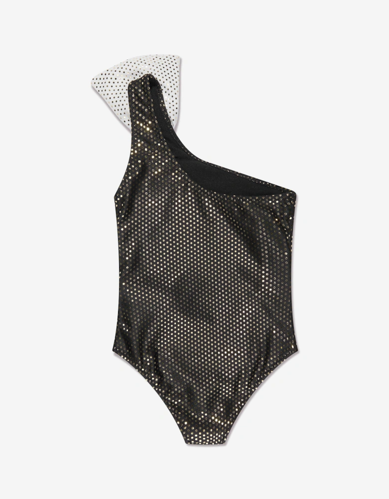 Girls One Shoulder Bow Swimsuit in Black