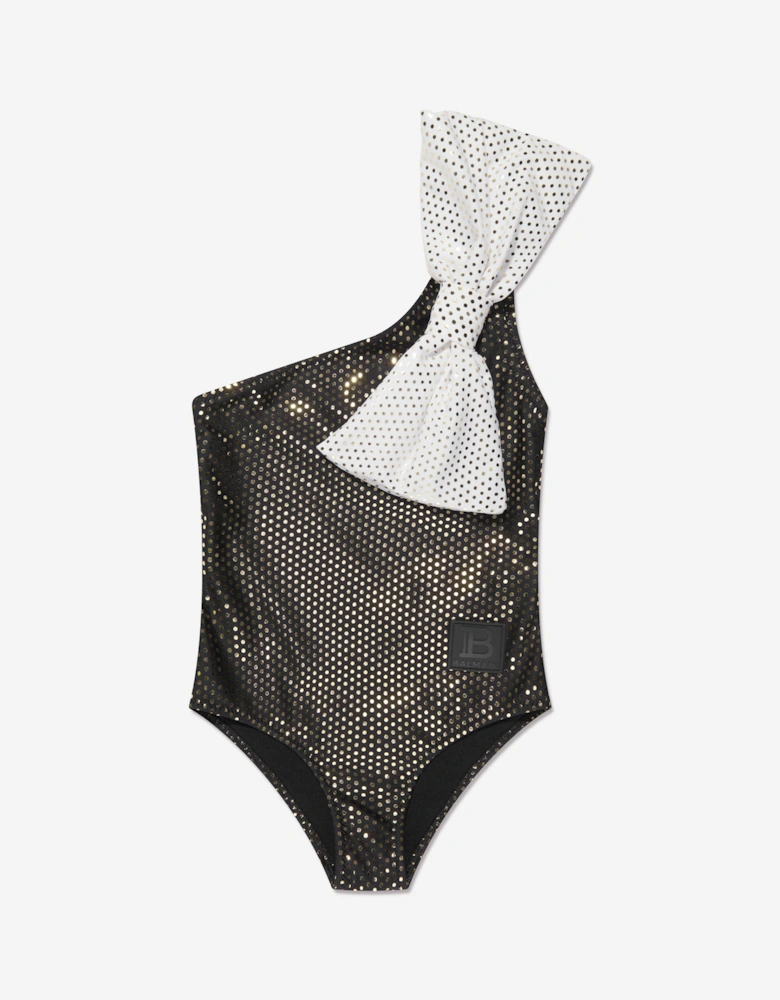 Girls One Shoulder Bow Swimsuit in Black