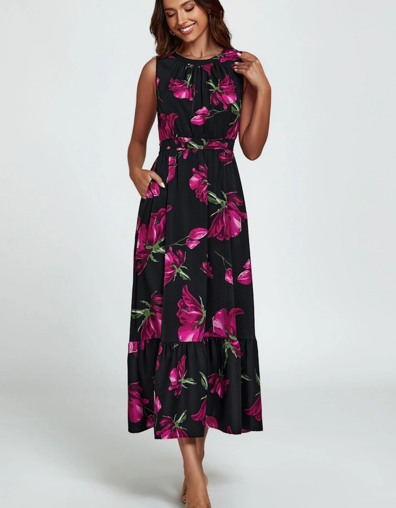 Floral Print Halterneck  Maxi Dress In Black