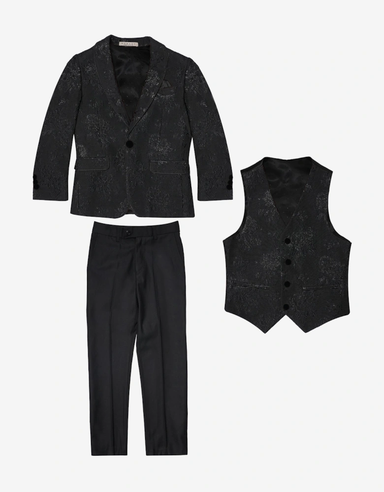 Romano Boys Shawl Collar Jacquard 3 Piece Suit in Black